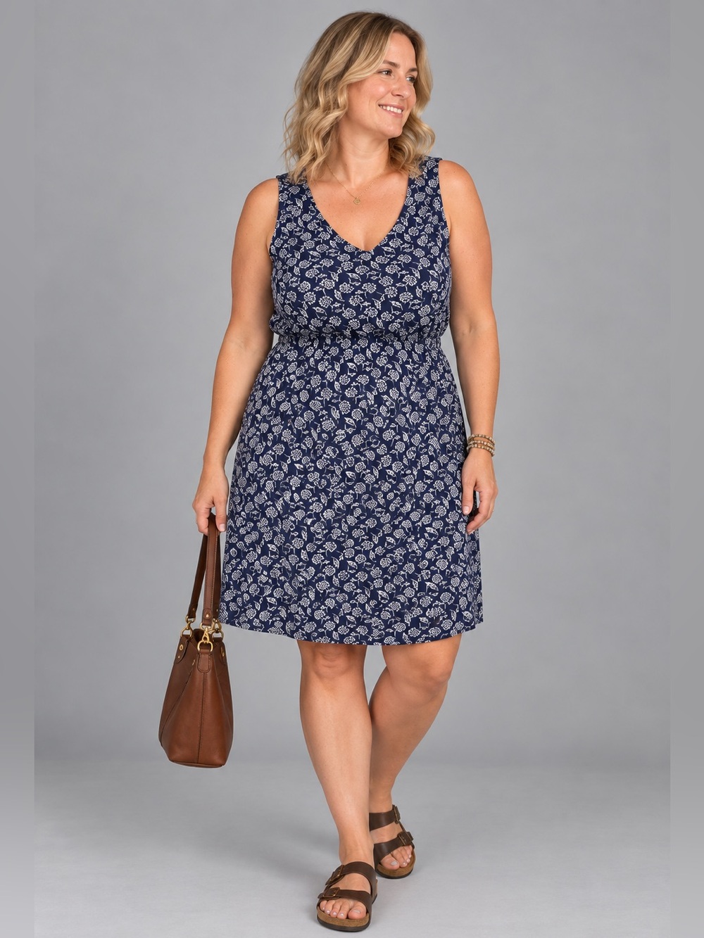 Old Navy Navy Floral V-Neck Sleeveless Dress Large